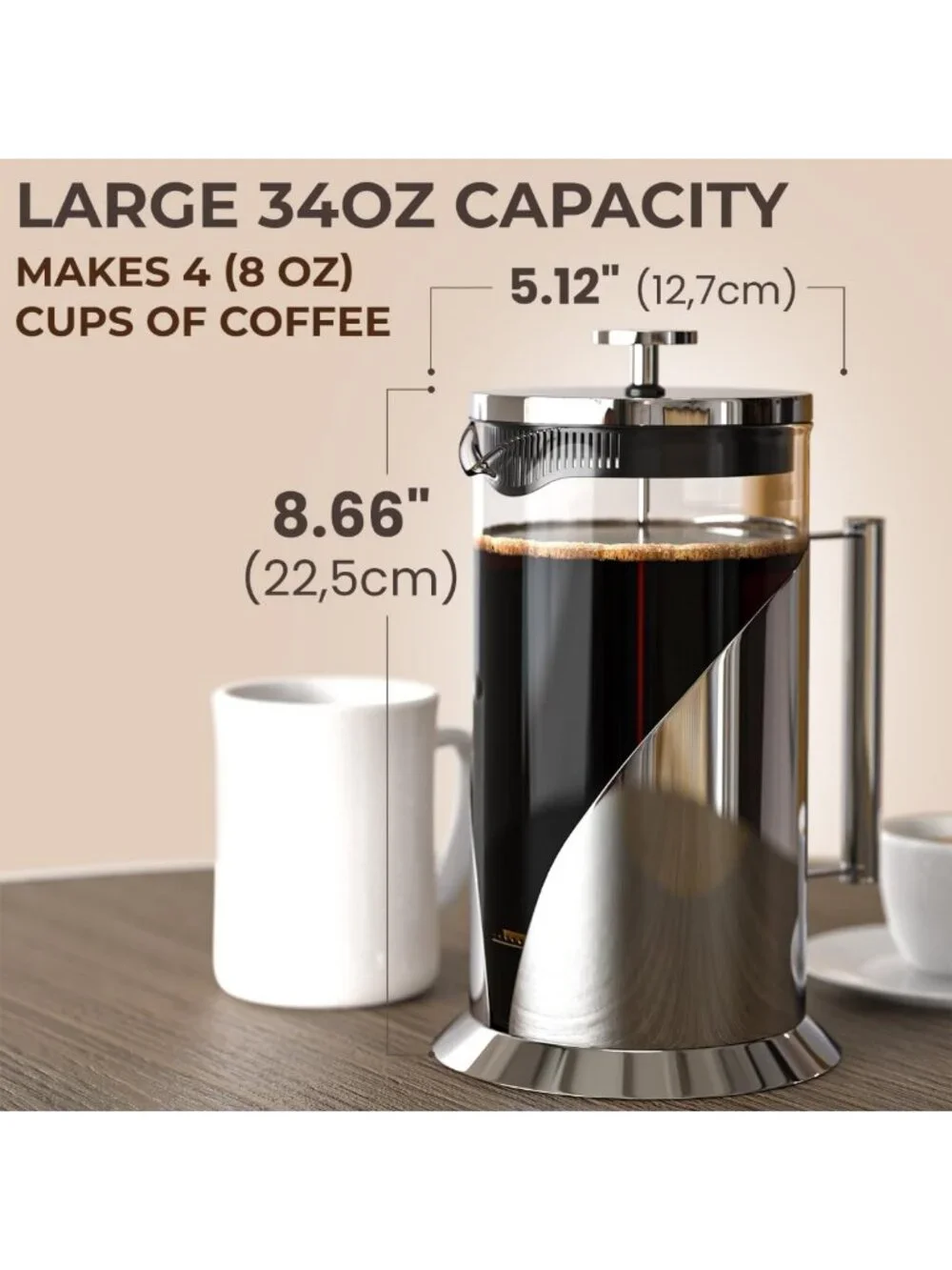 34 oz French Press Coffee Maker - Glass & Stainless Steel, Perfect for Brewing